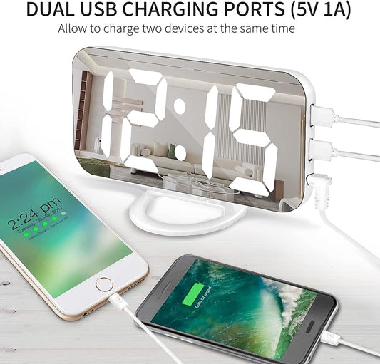 Digital Alarm Clock with 2 USB Charger Ports, LED Mirror Alarm Clocks for Bedrooms Office, Snooze Function, Adjustable Brightness, Bedside Alarm Clocks (White)