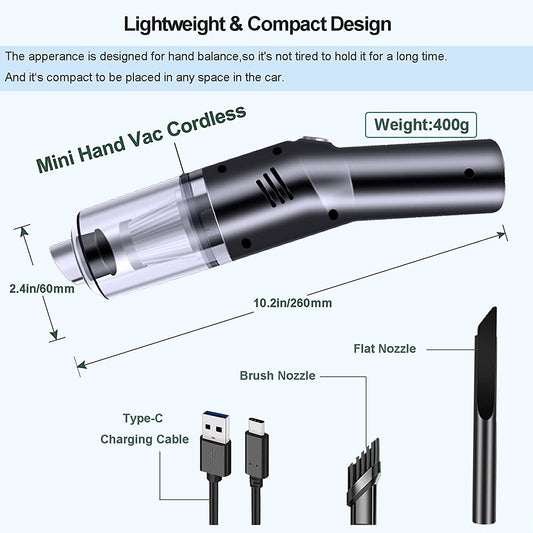 Portable Mini Car Vacuum Cleaner High Power Cordless(400G),Handheld Vacuum Cordless,Hand Vacuum Cordless Rechargeable,Handheld Vacuum Cleaner for Car/Desk V06