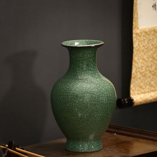 Chinese Ceramic Art Handmade Antique Ice Crack Glaze Vases Big China Porcelain Flower Bottle Vase for Home Decoration(Green)