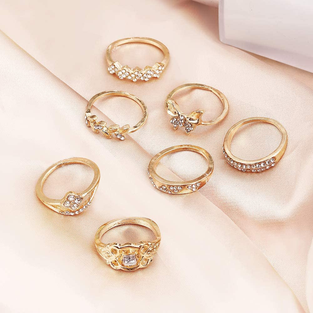 59 Pcs Vintage Knuckle Rings Set Stackable Finger Rings Midi Rings for Women Bohemian Hollow Carved Flowers Gold&Silver Rings Crystal Joint Rings (1:59 PCS Gold)