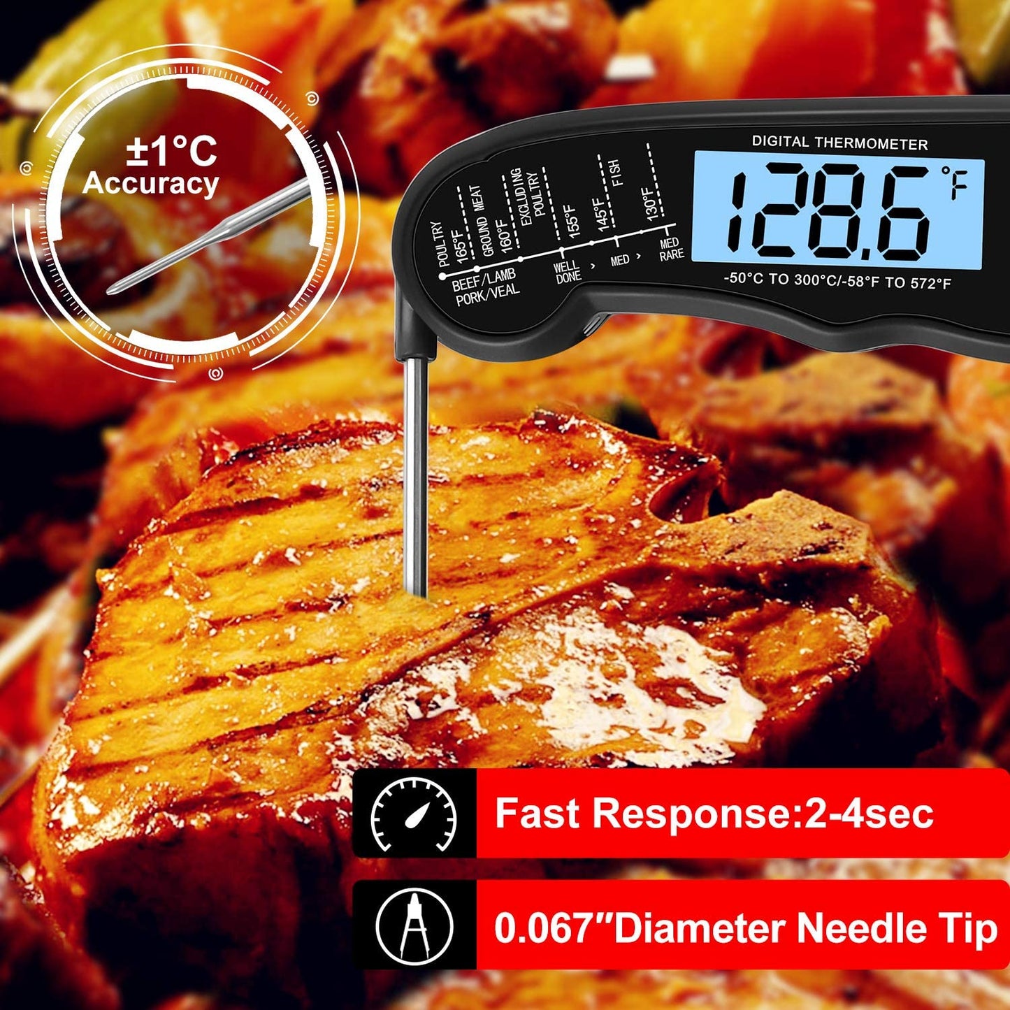 TP-01 Waterproof Digital Instant Read Meat Thermometer with 4.6” Folding Probe Backlight & Calibration Function for Cooking Food Candy, BBQ Grill, Liquids,Beef(Black)
