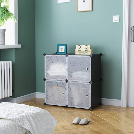 Cube Storage with Doors, 4-Cube Storage Organizer, Plastic Closet Cabinet, Modular Book Shelving Units, Storage Shelves, Ideal for Living Room, Home, Office, 24.8" L X 12.4" W X 24.8" H Black