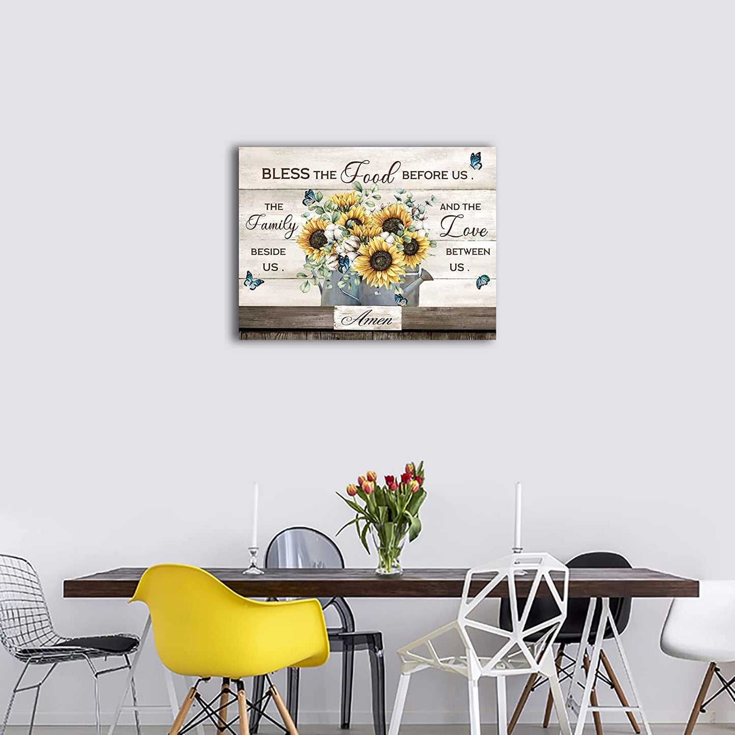 Flowers Canvas Wall Art Inspirational Quotes Canvas Pictures Farmhouse Sunflower Artwork Wall Decor Bless the Food before Us Prints for Kitchen Living Room Bedroom Dinning Home Decor Framed 12" X16"