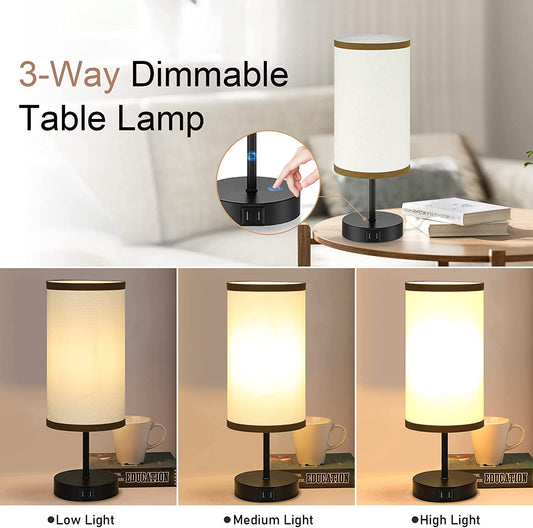 Bedside Lamp with 2 USB Ports, 3-Way Dimmable Touch Control Table Lamp for Bedroom, Nightstand Lamp with round White Fabric Shade for Living Room Home Office (E26 LED Bulb Included)