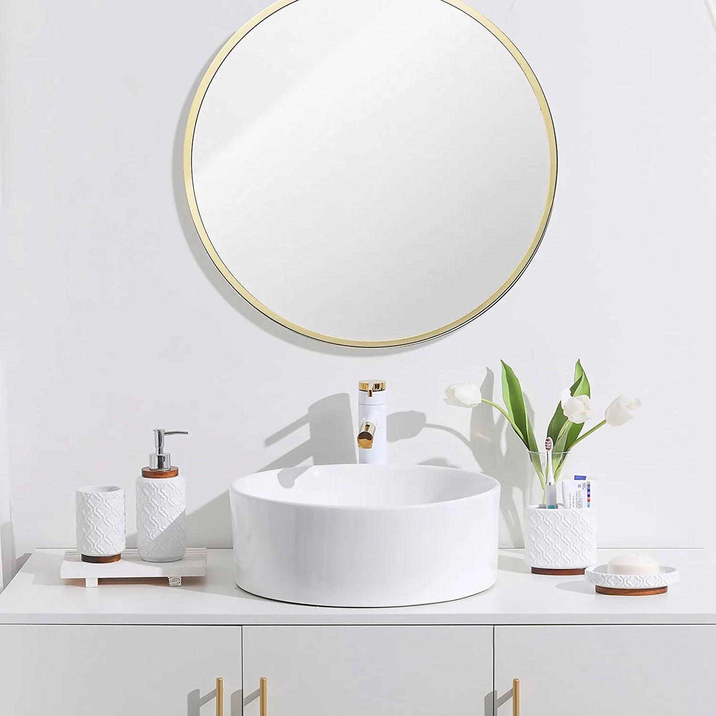 Bathroom Accessories Set 4 Pcs Toothbrush Holder Soap Dispenser Set Ceramic and Wood Bathroom Set Contain Toothbrush Cup Soap Dispenser Soap Dish Tumbler