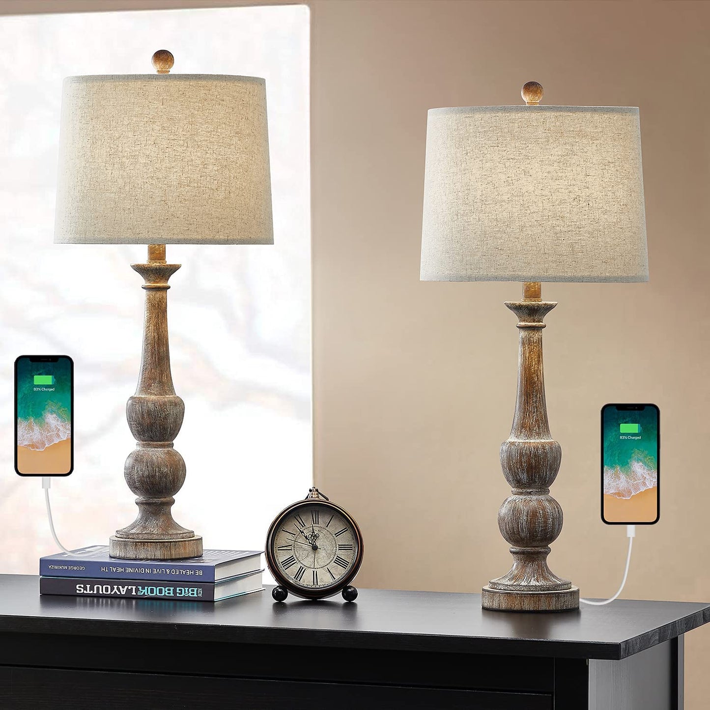Table Lamp for Living Set of 2 USB Antique Retro 27.75“ Nightstand USB Lamp for Bedroom Rustic Table Lamp Vintage Style Bedside Traditional Table Lamp Brown