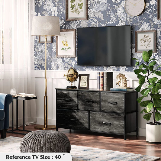 Dresser for Bedroom with 5 Drawers, Wide Chest of Drawers, Fabric Dresser, Storage Organizer Unit with Fabric Bins for Closet, Living Room, Hallway, Nursery, Charcoal Black Wood Grain Print