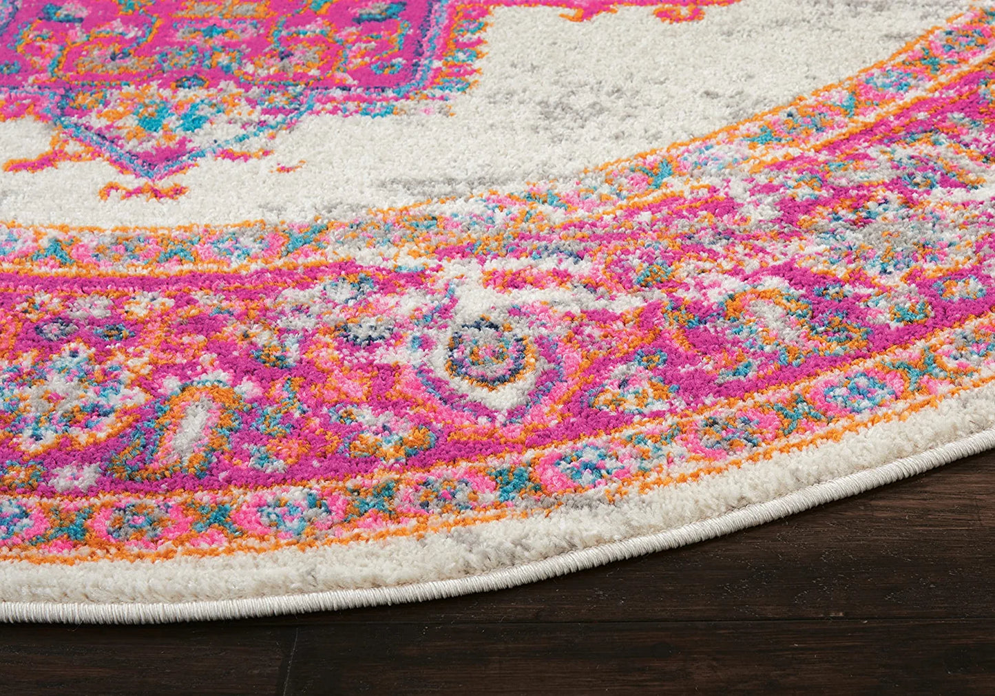 Passion Ivory/Fuchsia 4' X round Area Rug, Boho, Traditional, Easy Cleaning, Non Shedding, Bed Room, Living Room, Hallway, (4' Round)