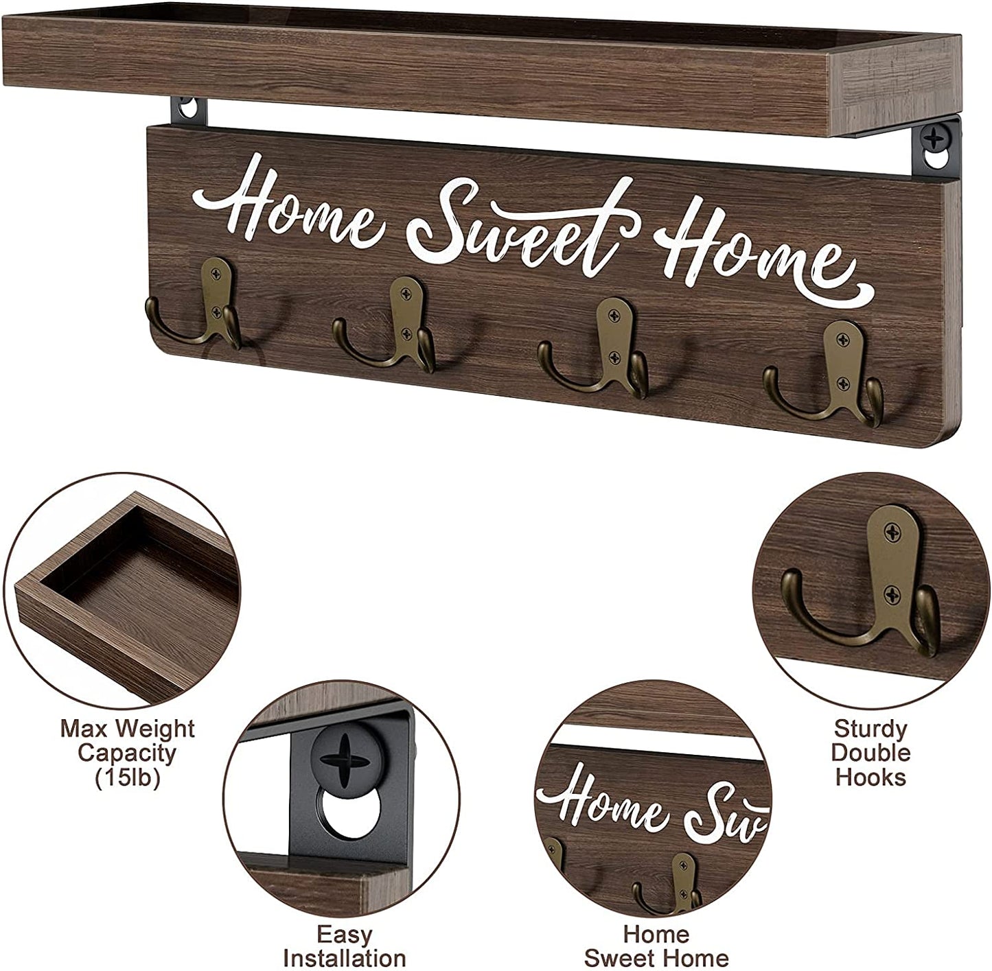 Wall-Mounted Key and Mail Holder, Wooden Key Rack with 4 Double Key Hooks, Rustic Home Decor for Entryway