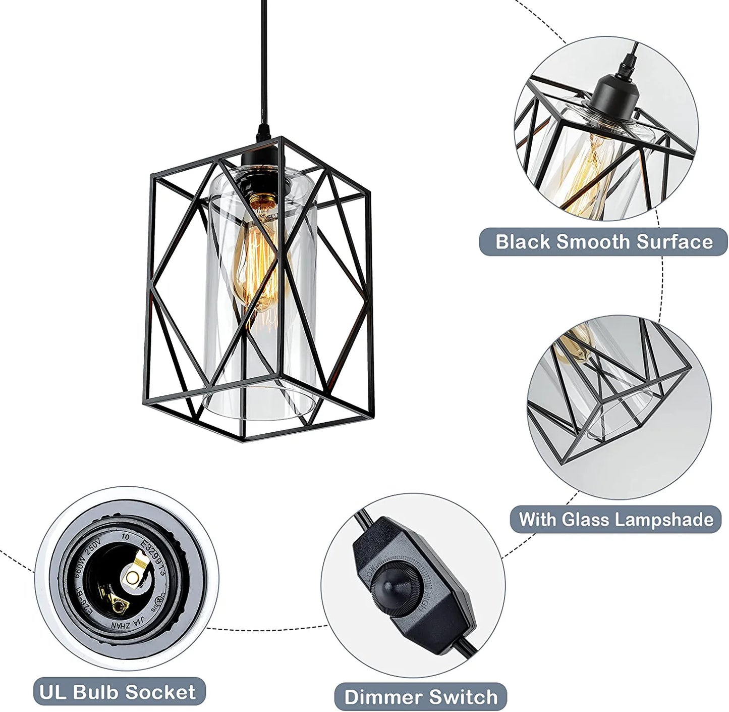 HMVPL Plug in Pendant Light with Dimmer Switch, Outdoor Farmhouse Hanging Lights Fixtures for Gazebo and Porch, Plug in Ceiling Light for Kitchen Island Table Bedroom Hallway Foyer