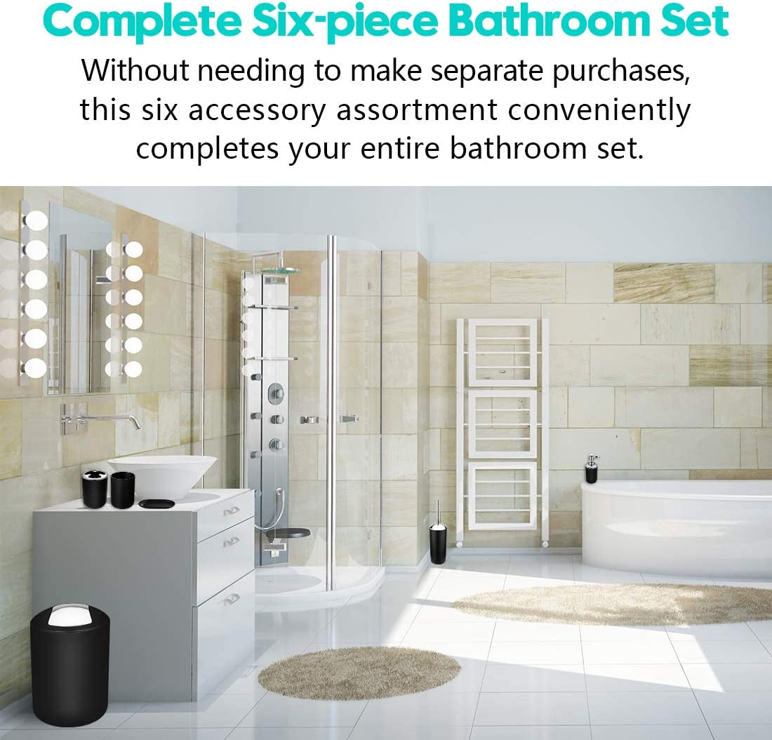 Bathroom Accessories Set-6 Piece Plastic Gift Set Toothbrush Holder,Toothbrush Cup,Soap Dispenser,Soap Dish,Toilet Brush Holder,Trash Can,Tumbler Straw Set Bathroom (Black)