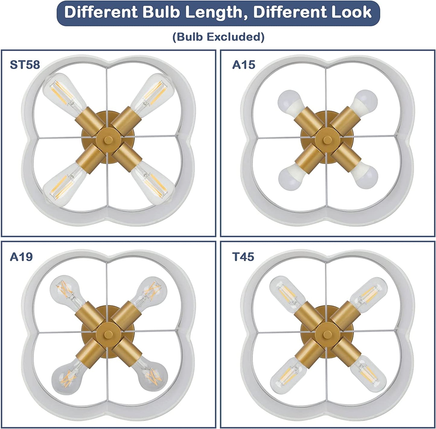 4-Light Semi Flush Mount Ceiling Light Fixture, Gold Modern Close to Ceiling Lamp with White Fabric Shade, Farmhouse Bright Lighting Brass Finish for Nursery Kids Room Bedroom Kitchen Hallway Entryway