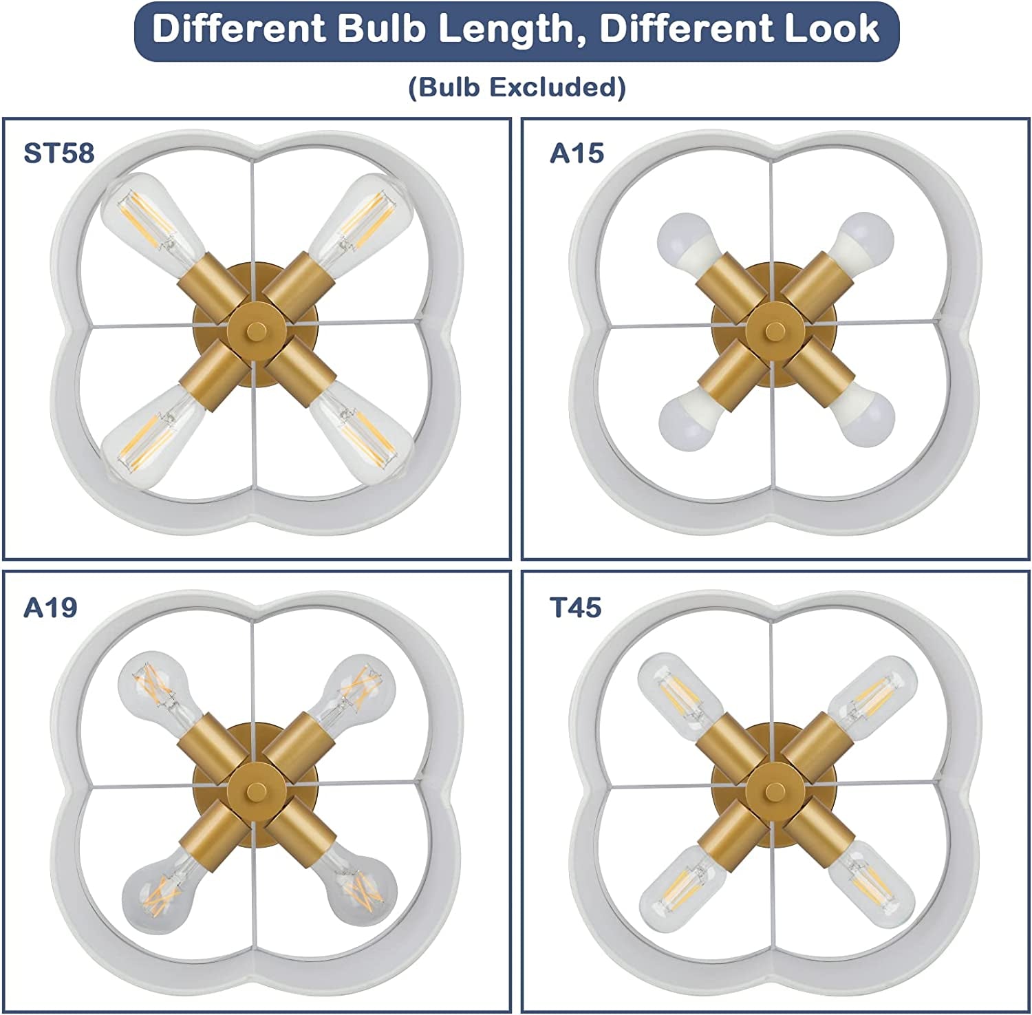 4-Light Semi Flush Mount Ceiling Light Fixture, Gold Modern Close to Ceiling Lamp with White Fabric Shade, Farmhouse Bright Lighting Brass Finish for Nursery Kids Room Bedroom Kitchen Hallway Entryway