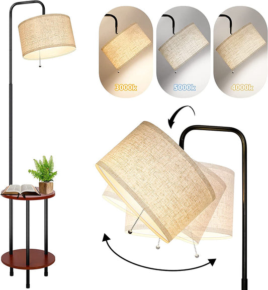 Modern Floor Lamp with End Table, Farmhouse Floor Lamp 3-Color Temperature, Adjustable Free Standing Lamp with Solid Wood Storage Shelf for Living Room Bedroom Reading, 3000K/5000K/4000K Bulb Included