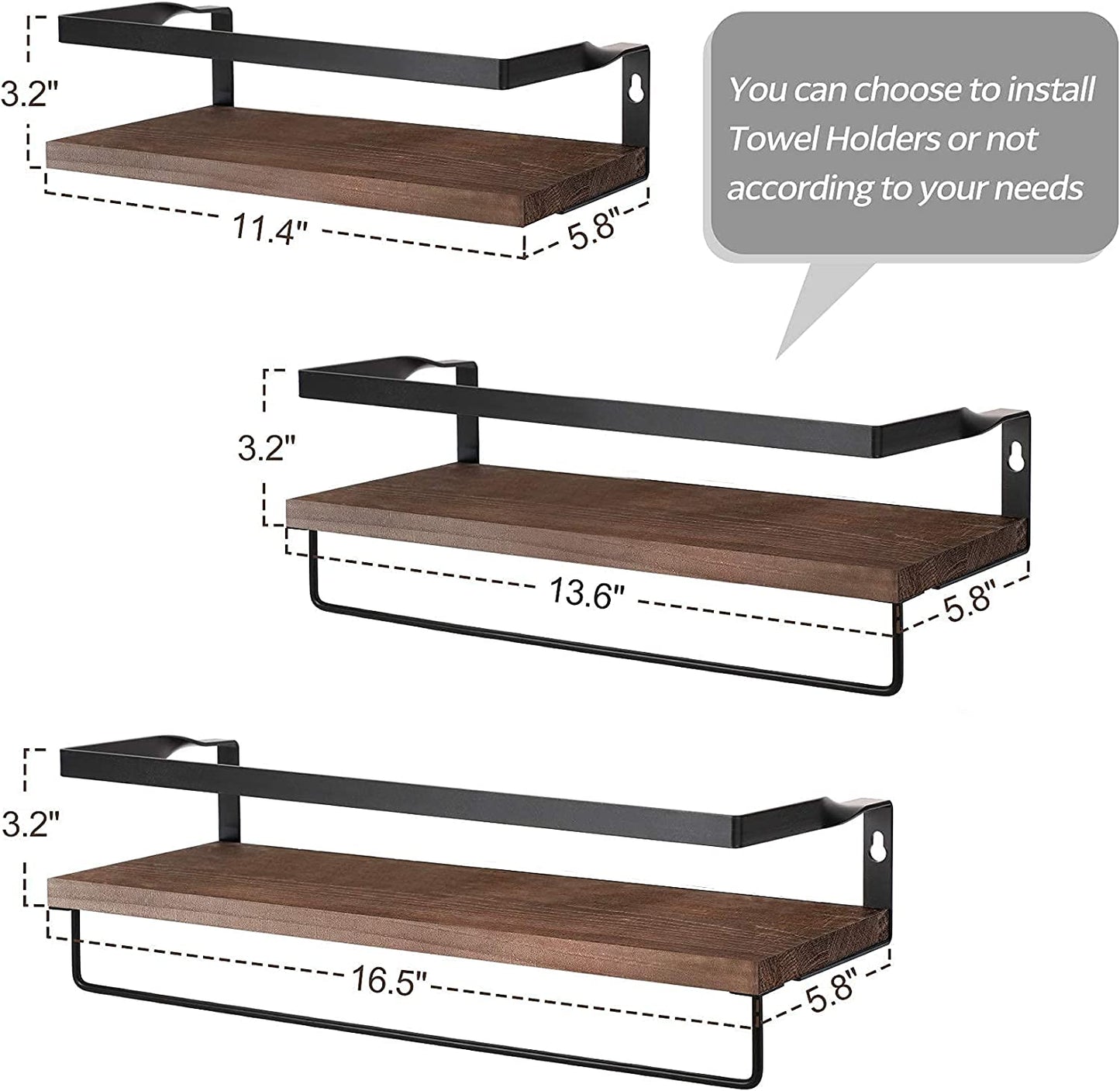 3 Set Pre-Assembled Floating Bathroom Shelves with 2 Towel Bars, Wall Mounted Storage Wood Shelf, Rustic Decor Accessories for Bathroom, Kitchen, Bedroom, Office, over Toilet - Brown