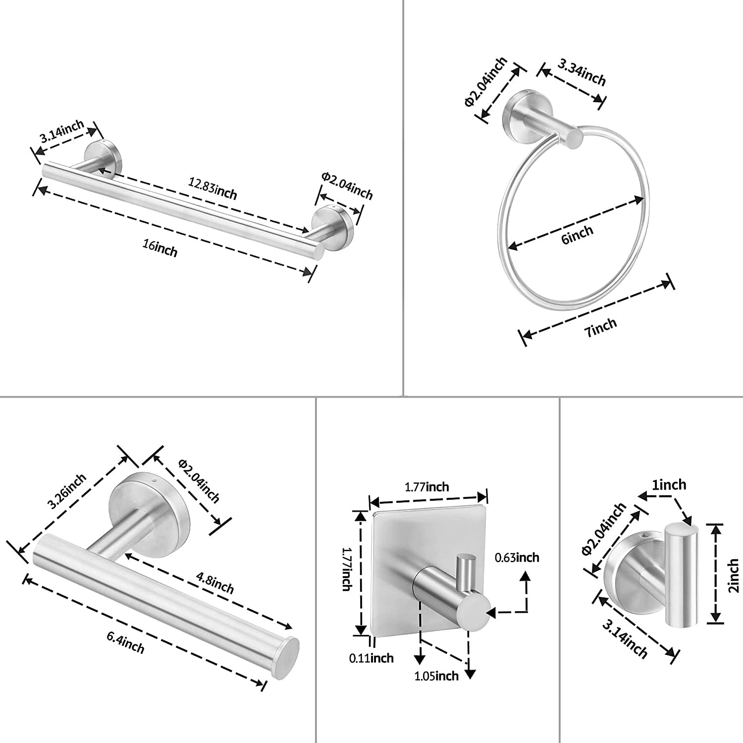 Bathroom Hardware Set, 7 Piece Towel Bar Set Brushed Nickel Bathroom Accessories Set Wall Mount Include 16'' Hand Towel Bar, Toilet Paper Holder, Towel Ring, 4 Robe Towel Hooks