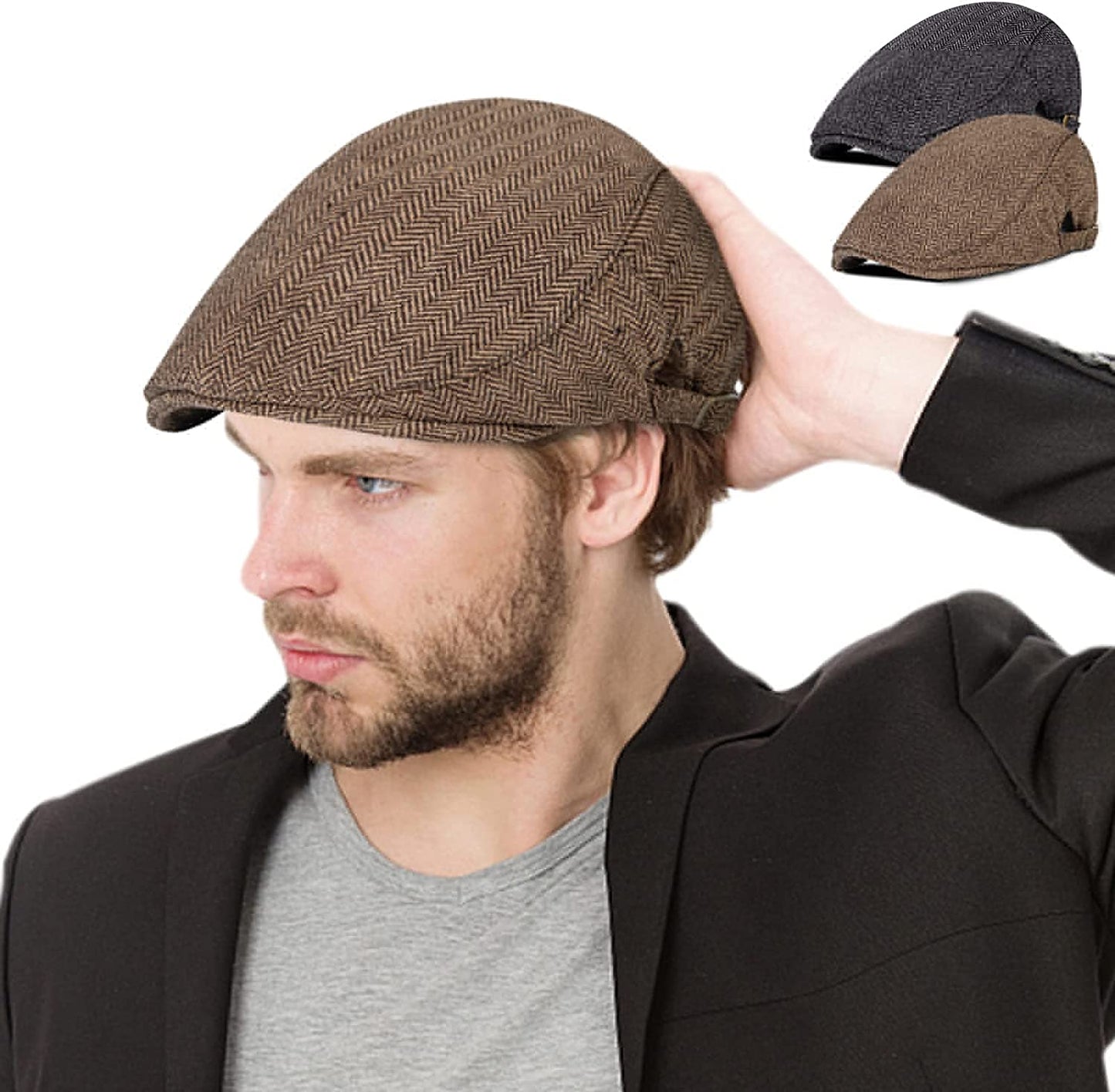 2 Pack Newsboy Hats for Men Classic Herringbone Tweed Wool Blend Flat Cap Ivy Gatsby Cabbie Driving Hat
