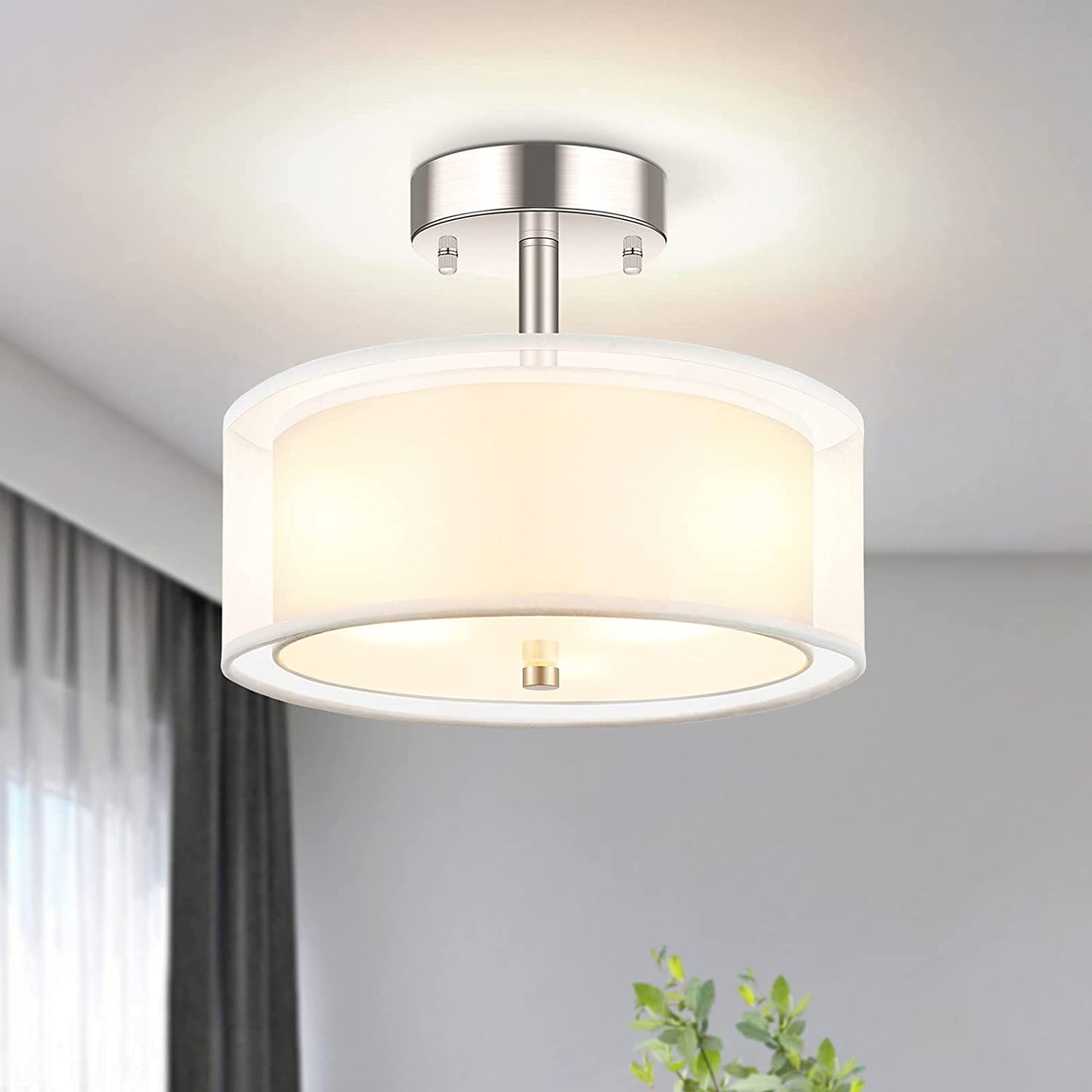 3-Light Semi Flush Mount Ceiling Light Fixture, Drum Light with Double Fabric Shade, Modern Close to Ceiling Lights for Living Room, Bedroom, Dining Room, Kitchen, Hallway, Entry, Foyer