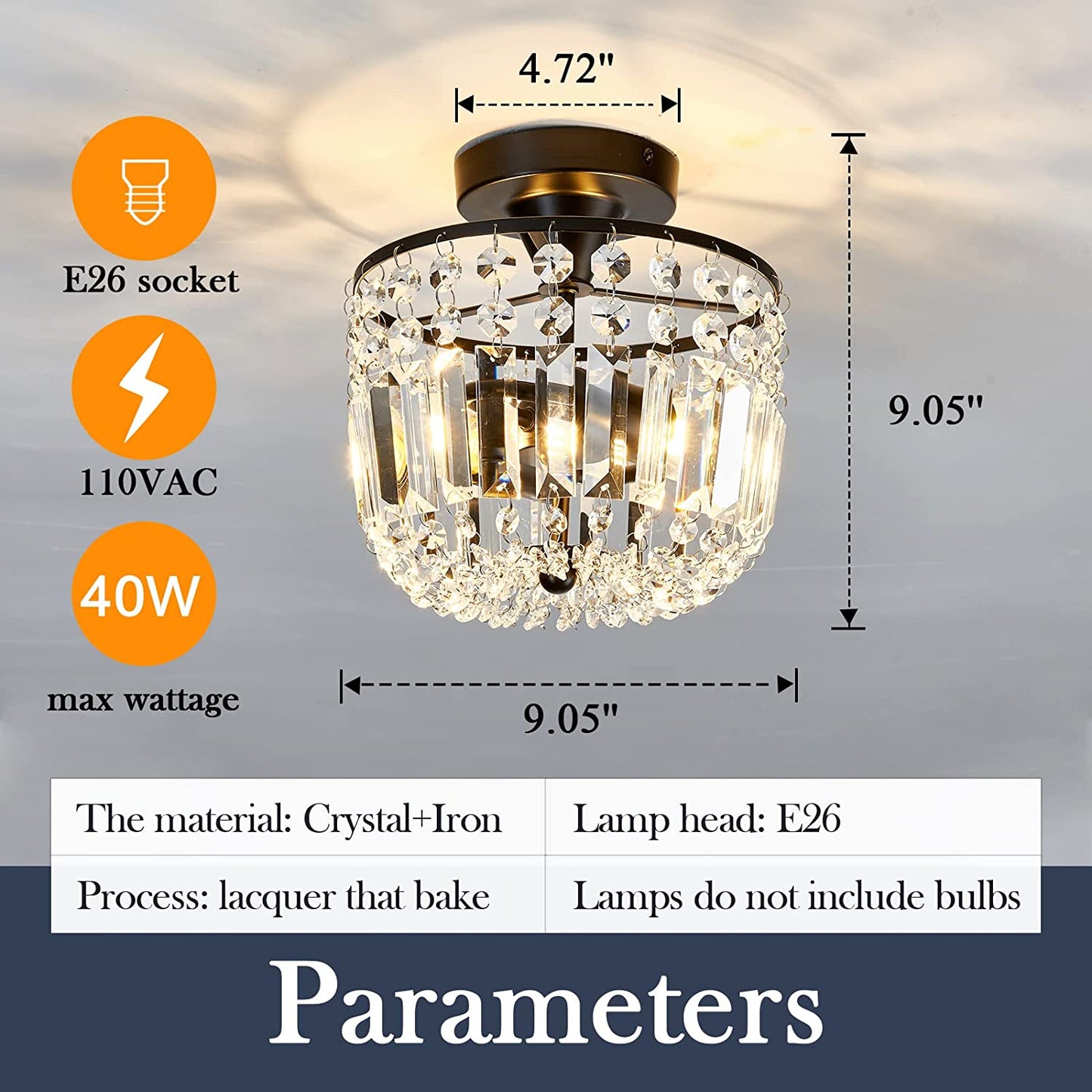 Small Crystal Chandelier 2- Lights ，Modern Semi Flush Mount Ceiling Light Fixture for Hallway Kitchen Foyer （Black）