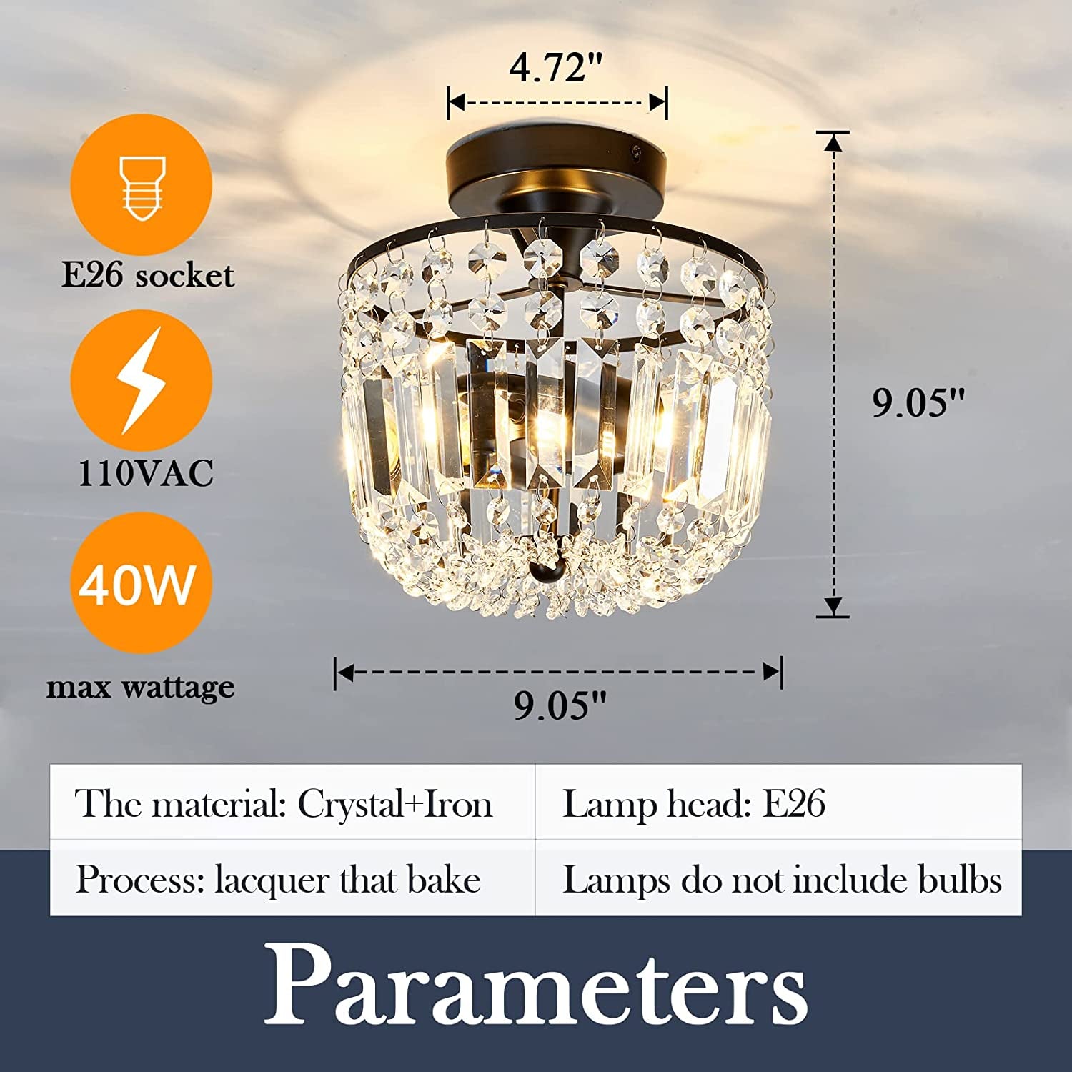Small Crystal Chandelier 2- Lights ，Modern Semi Flush Mount Ceiling Light Fixture for Hallway Kitchen Foyer （Black）