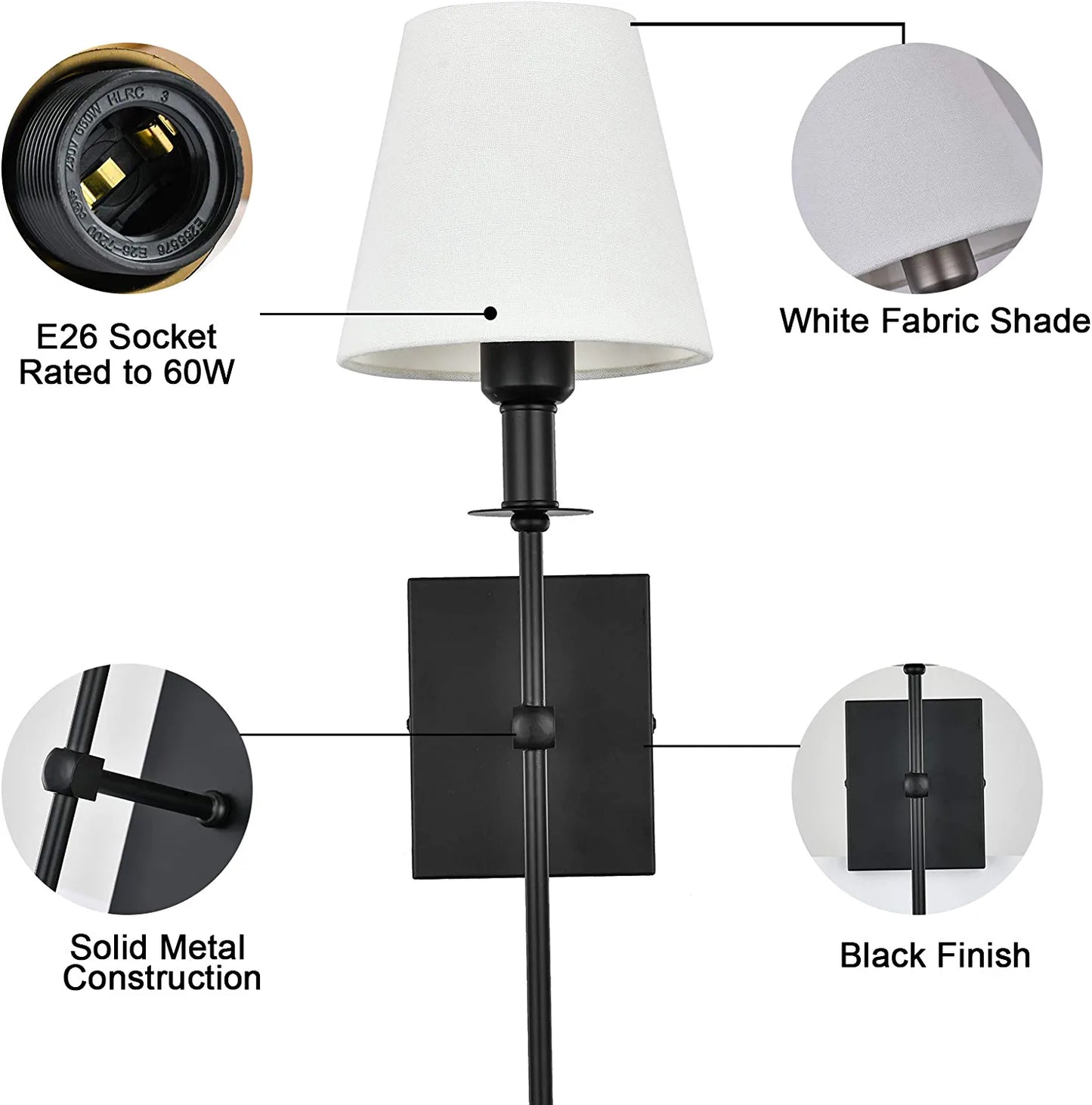 Slim Wall Sconce Set of 2 White Fabric Shades Wall Sconce Hardwired Indoor Wall Light Column Stand Bedroom Wall Lamps Bathroom Vanity Light Fixture, Black