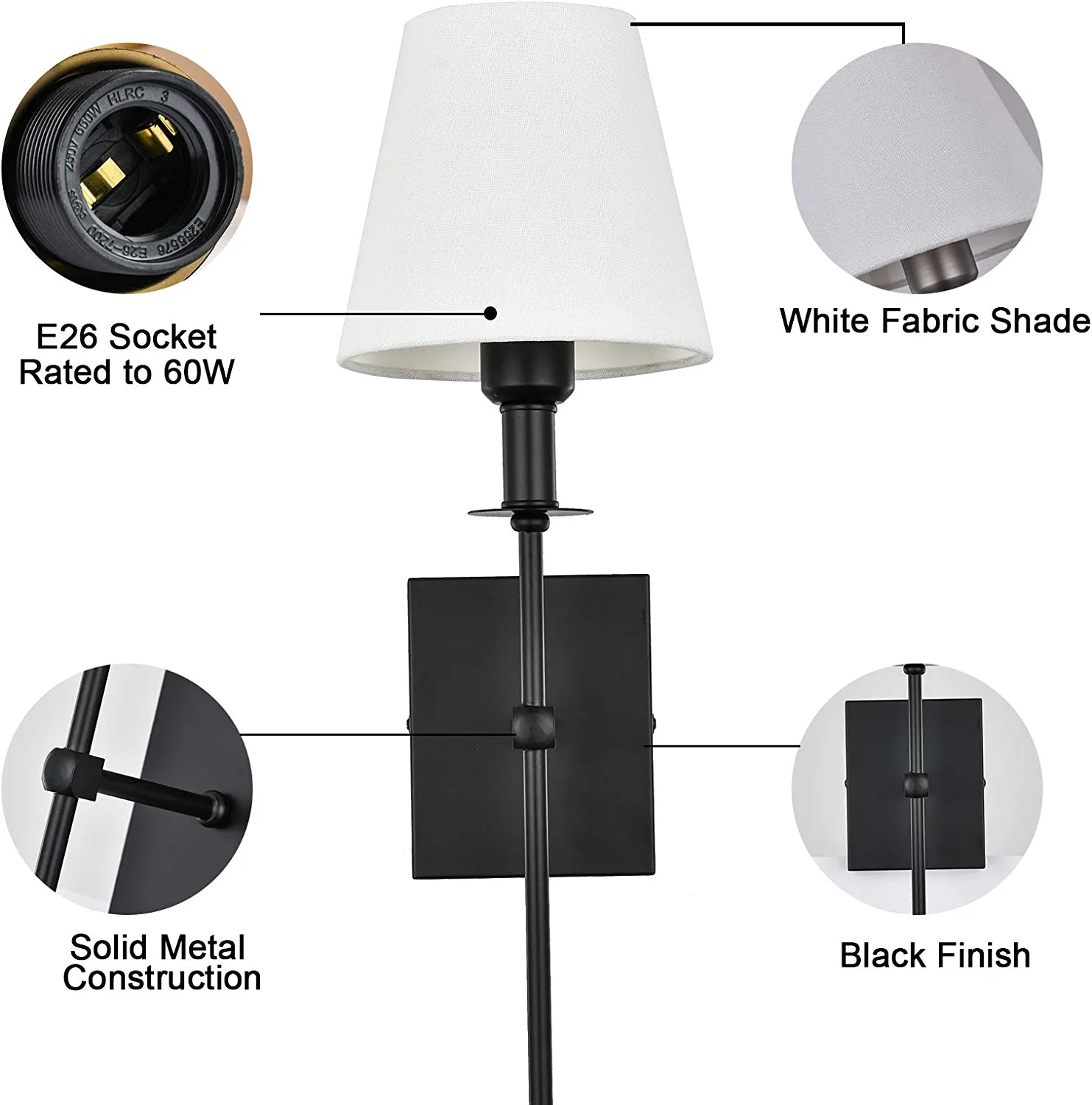 Slim Wall Sconce Set of 2 White Fabric Shades Wall Sconce Hardwired Indoor Wall Light Column Stand Bedroom Wall Lamps Bathroom Vanity Light Fixture, Black