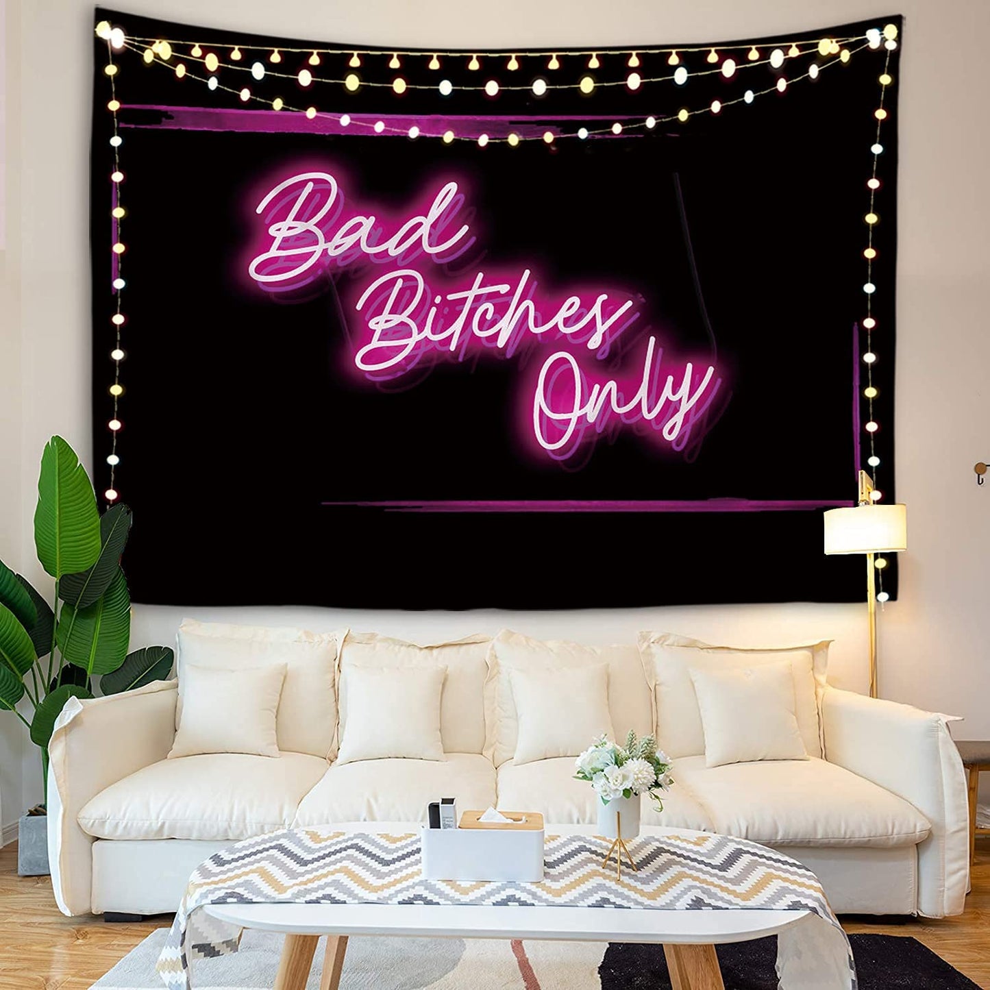 Decorative Wall Tapestry,Bad Bitches Only Words in Neon Light for Bedroom Living Room Outdoor,51Hx60L Inch