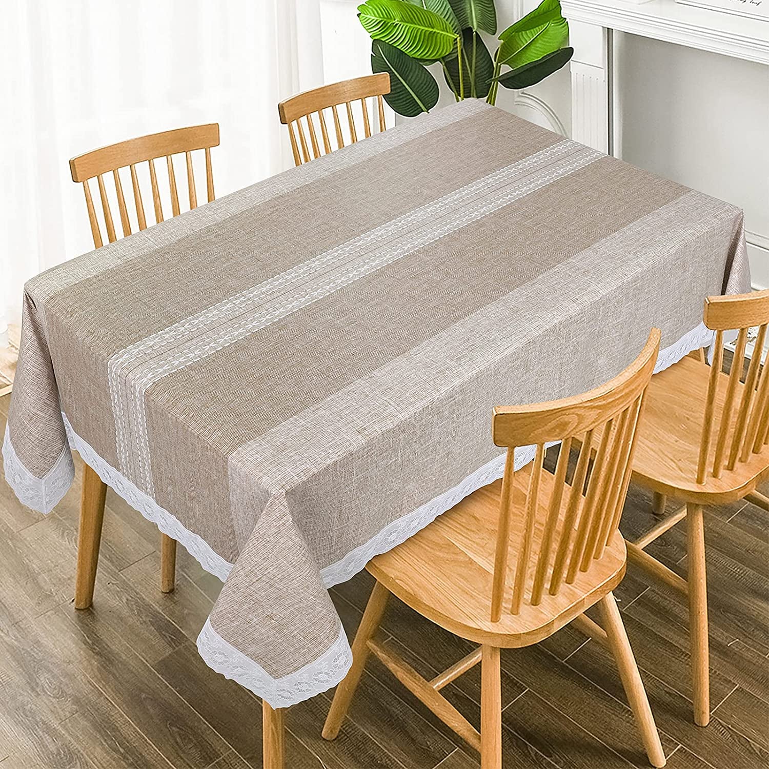Vinyl Tablecloth with Flannel Backing,Plastic Waterproof Rectangle Tablecloths,Flannel Backed Table Cloth for Camping Dining Indoor & Outdoor,Durable Table Cover(Brown Stripes,52 X 72 Inch)