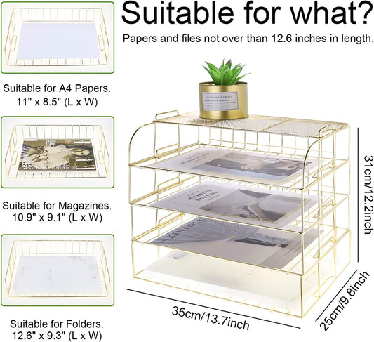 4-Tier Stackable Letter Tray, Gold Desk Organizer, Metal File Organizer Tray, Paper Holder Rack, Desk Accessories for School Home Office Supplies