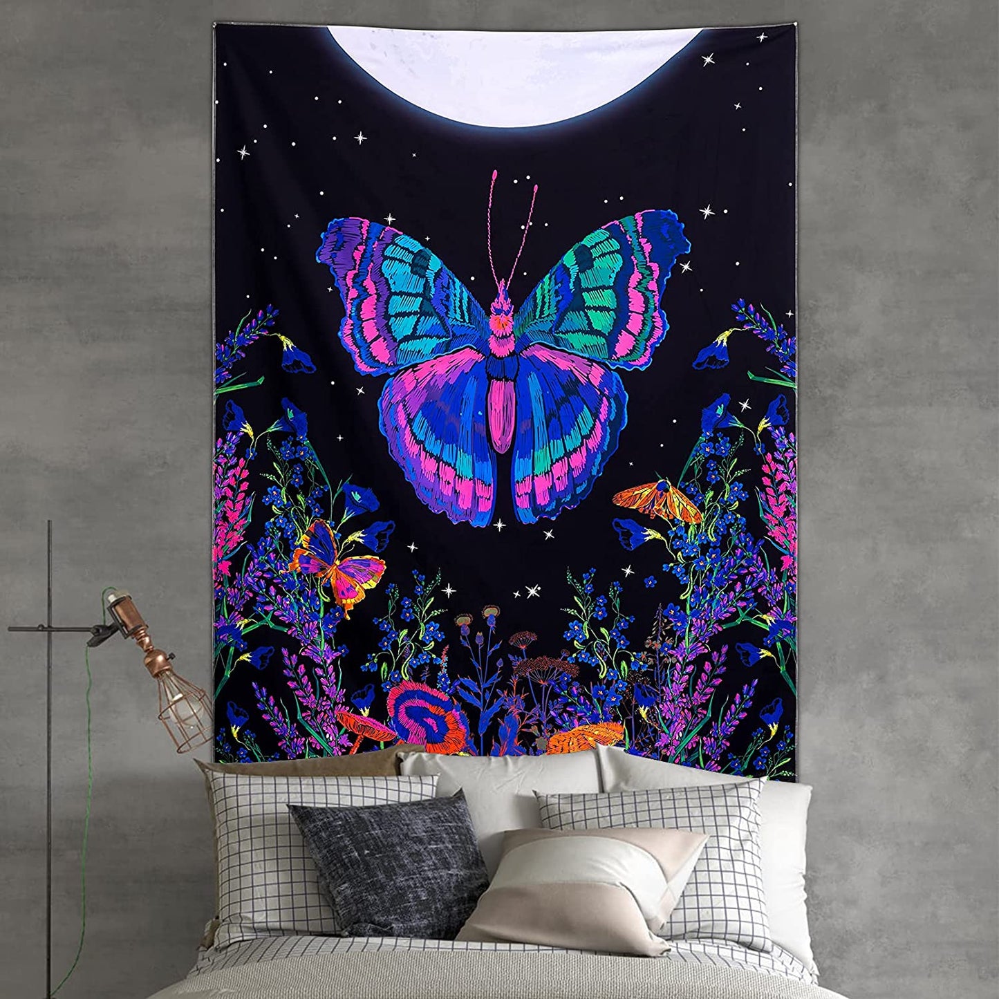 Blacklight Butterfly Tapestry, Moonlit Garden Black Light Wall Tapestry Butterflies Flower Moon Aesthetic Tapestry Wall Hanging for Bedroom (48 X 63 Inches)