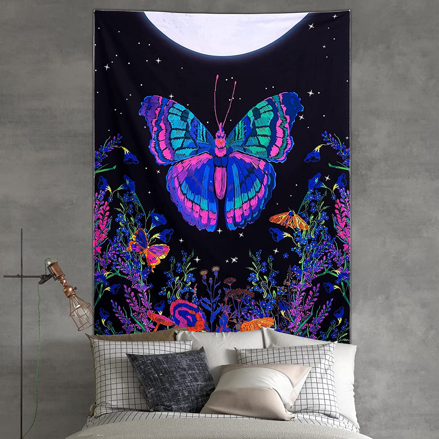 Blacklight Butterfly Tapestry, Moonlit Garden Black Light Wall Tapestry Butterflies Flower Moon Aesthetic Tapestry Wall Hanging for Bedroom (48 X 63 Inches)