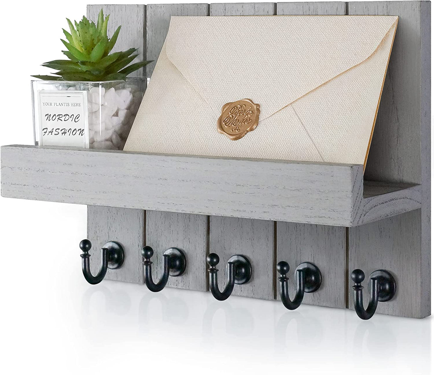 Decorative Key and Mail Holder for Wall - Rustic Key Hooks with Floating Shelves Mail Organizer for House Apartment Entryway Decor - Premium Key Hanger, Light Grey