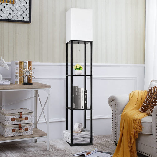 Floor Lamp with Shelves,Shelf Floor Lamps for Living Room with 3 Color Temperature LED Bulb,Storage Wood Texture Modern Floor Lamp with White Linen Shade,Display Standing Lamp for Living Room, Bedroom