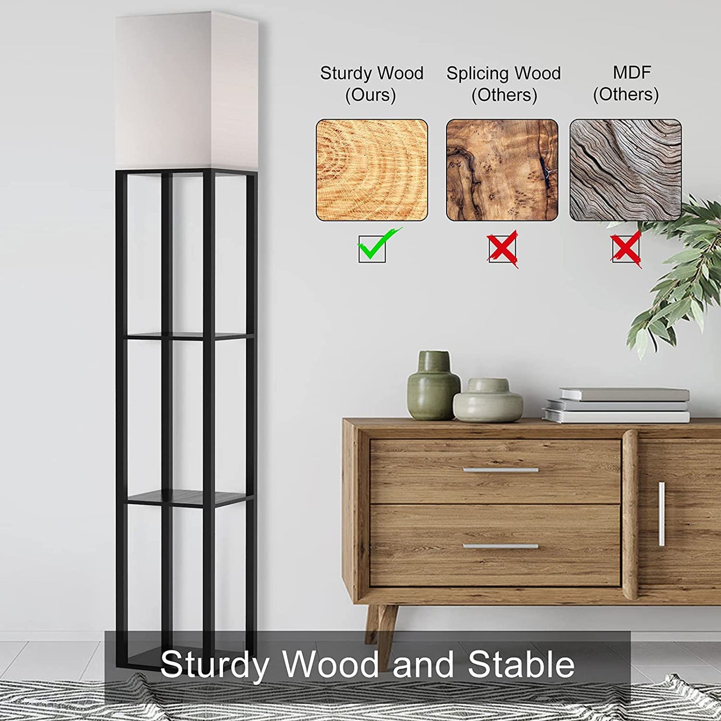 Column Floor Lamp with Shelves, Modern Shelf Floor Lamp with 9W LED Bulb, 3 Tier Storage Display Standing Reading Lamp Narrow Corner Nightstand Light for Bedroom Living Room, Black