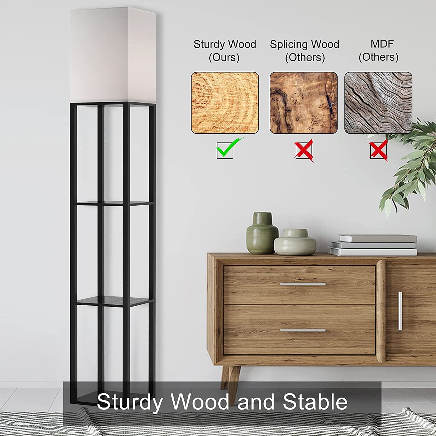 Column Floor Lamp with Shelves, Modern Shelf Floor Lamp with 9W LED Bulb, 3 Tier Storage Display Standing Reading Lamp Narrow Corner Nightstand Light for Bedroom Living Room, Black