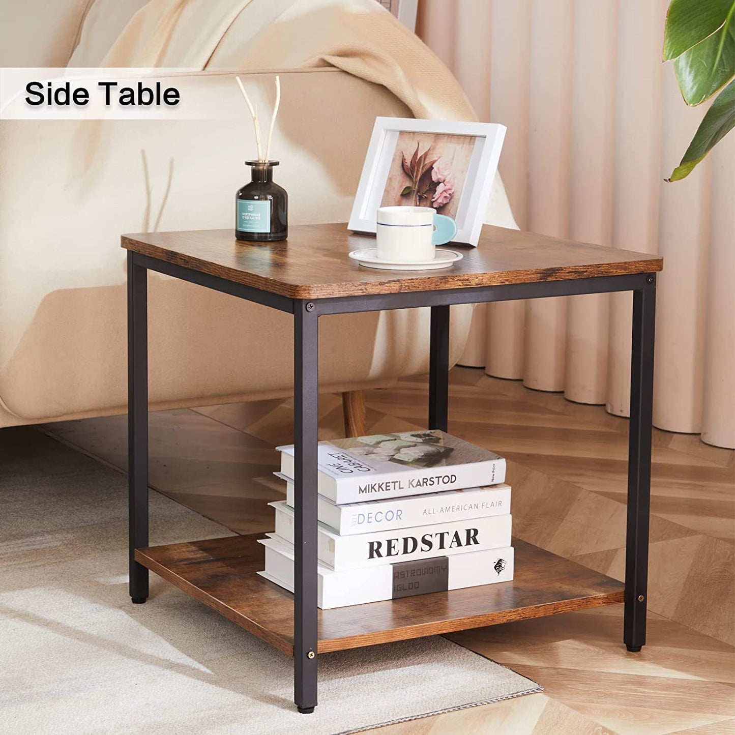 Side Table 20 Inch Square Modern End Table, Night Stand with 2-Tier Storage Shelf, Living Room Small Coffee Table, Wood Finish Bedside Table for Bedroom