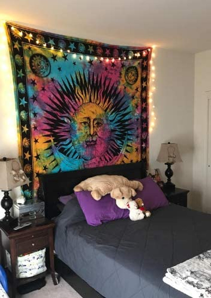 Sun Moon Hippie Tapestry Wall Hanging Aesthetic Indie Wall Tapestry, Hippie Bohemian Decorative Printed Trippy Tapestry for Bedroom Living Room Home Decor (Rainbow 55X82 Inch)