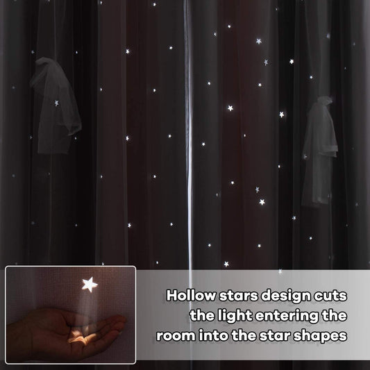 Star Curtains for Girls Bedroom Blackout Curtains for Kids Room Decor Star Hollow Out Princess Curtain Cutout Ombre Striped Lace Window Curtain 1 Panel (42W X 84L, Pink Grey)