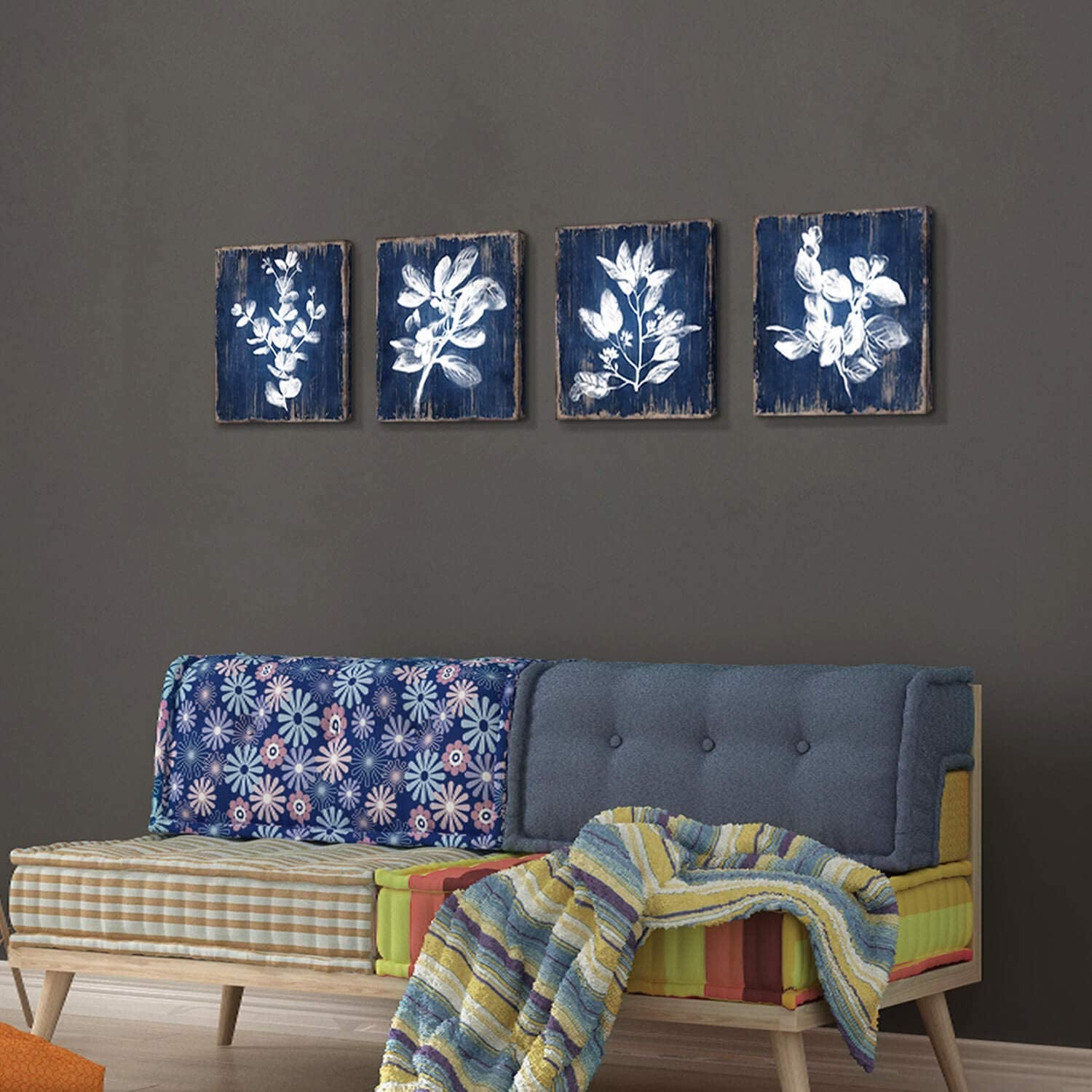 White Botanical Wall Canvas Art: Artistic Plant Picture Dark Blue Background Painting for Bathroom (12 X 12 X 4 Panels)