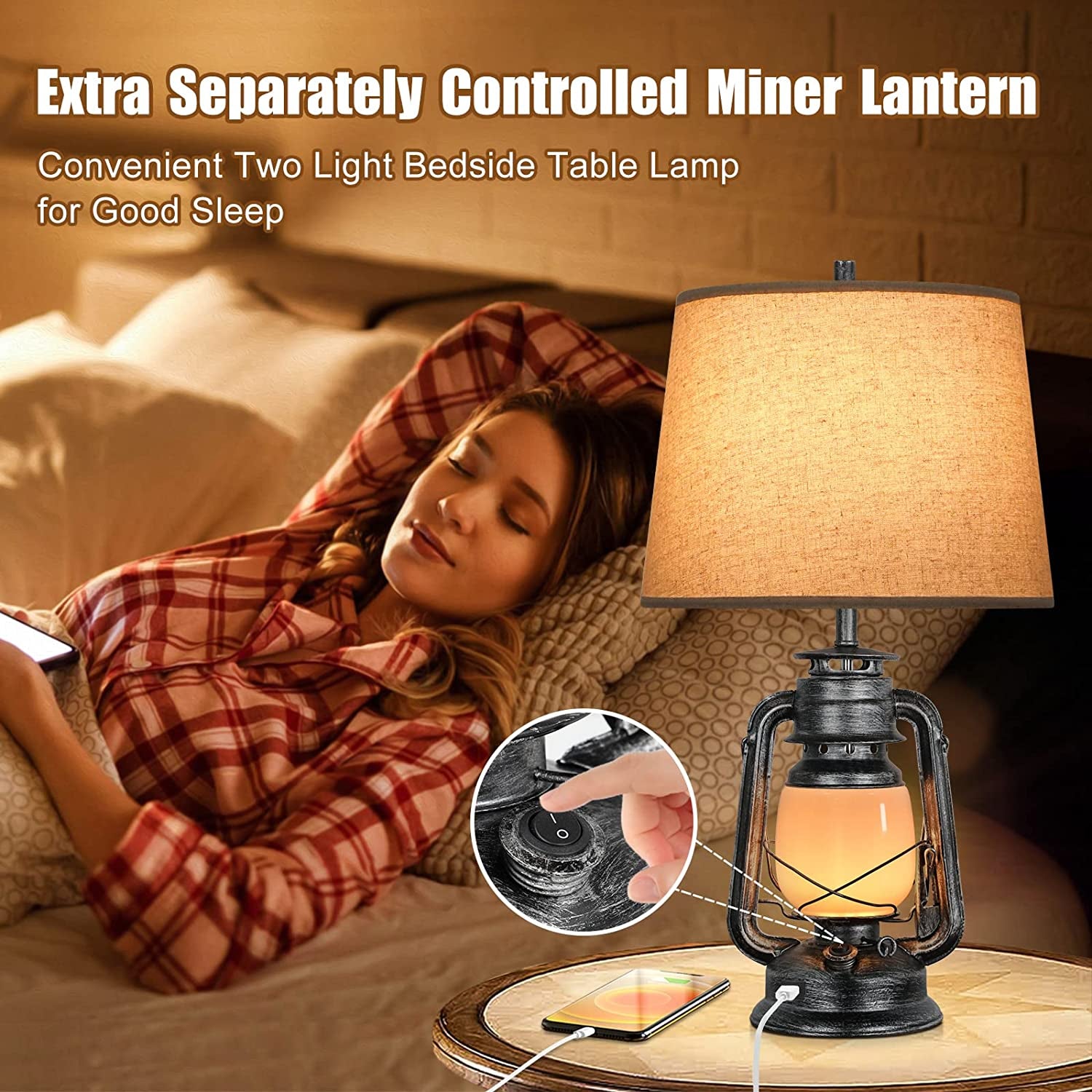 Set of 2 Touch Control Table Lamps, 3-Way Dimmable Bedside Nightstand Lamps with USB Port, Farmhouse Lamps for Bedrooms Living Room Reading End Table with Night Light Miner Lantern, Led Bulbs Included