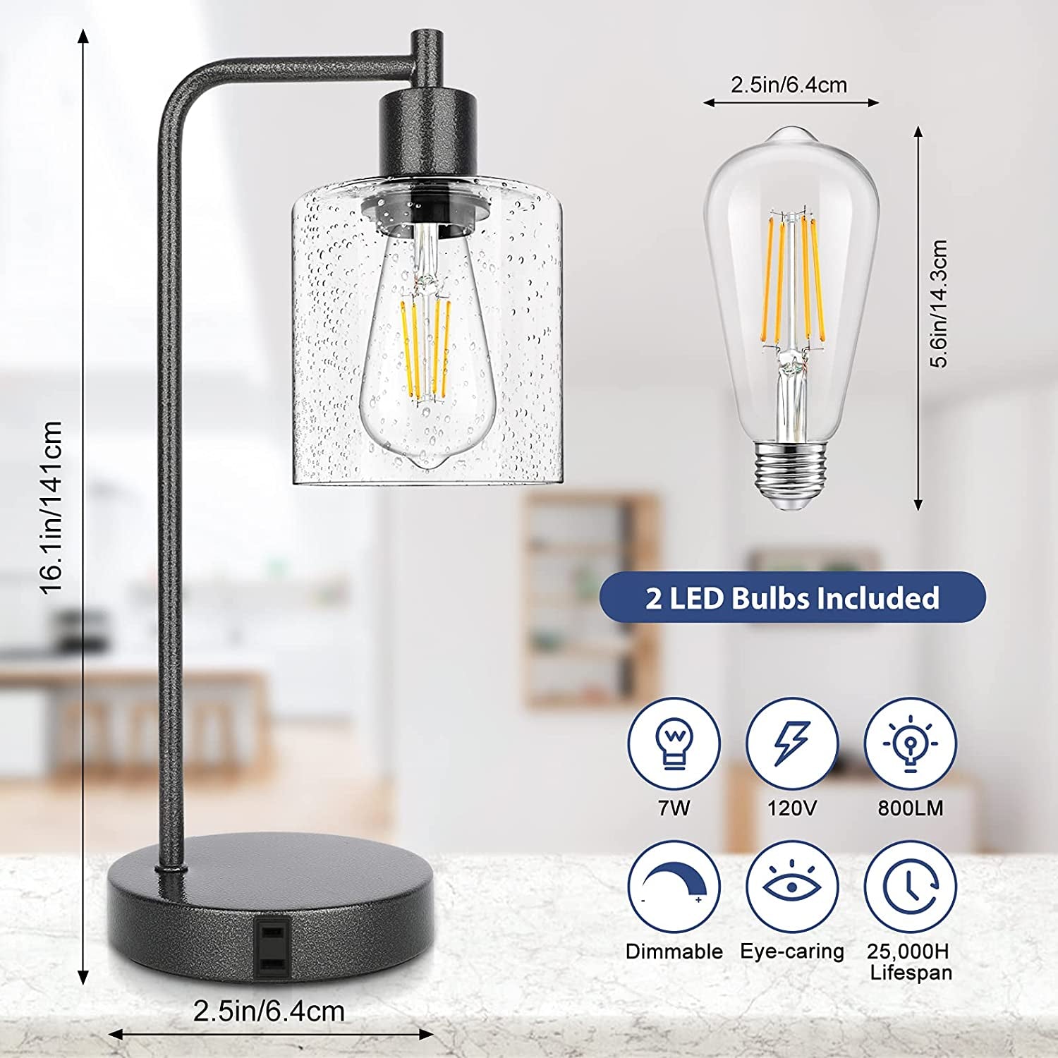 Set of 2 Farmhouse Rustic Table Lamps Rocky Black for Bedroom Nightstand 3-Way Dimmable Touch Control Industrial Bedside Lamps with 2 USB Charging Ports & AC Outlet Living Room Office, Bulbs Included