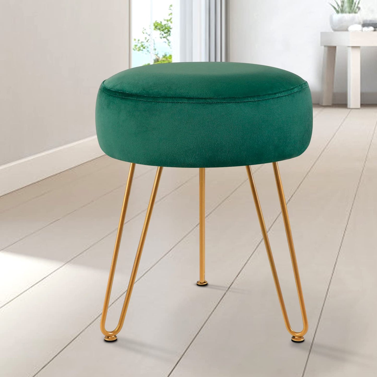 round Velvet Footrest Stool Ottoman Modern Foot Stool with 3 Golden Metal Leg, for Dressing Table Stool, Shoes Bench in Living Room Bedroom