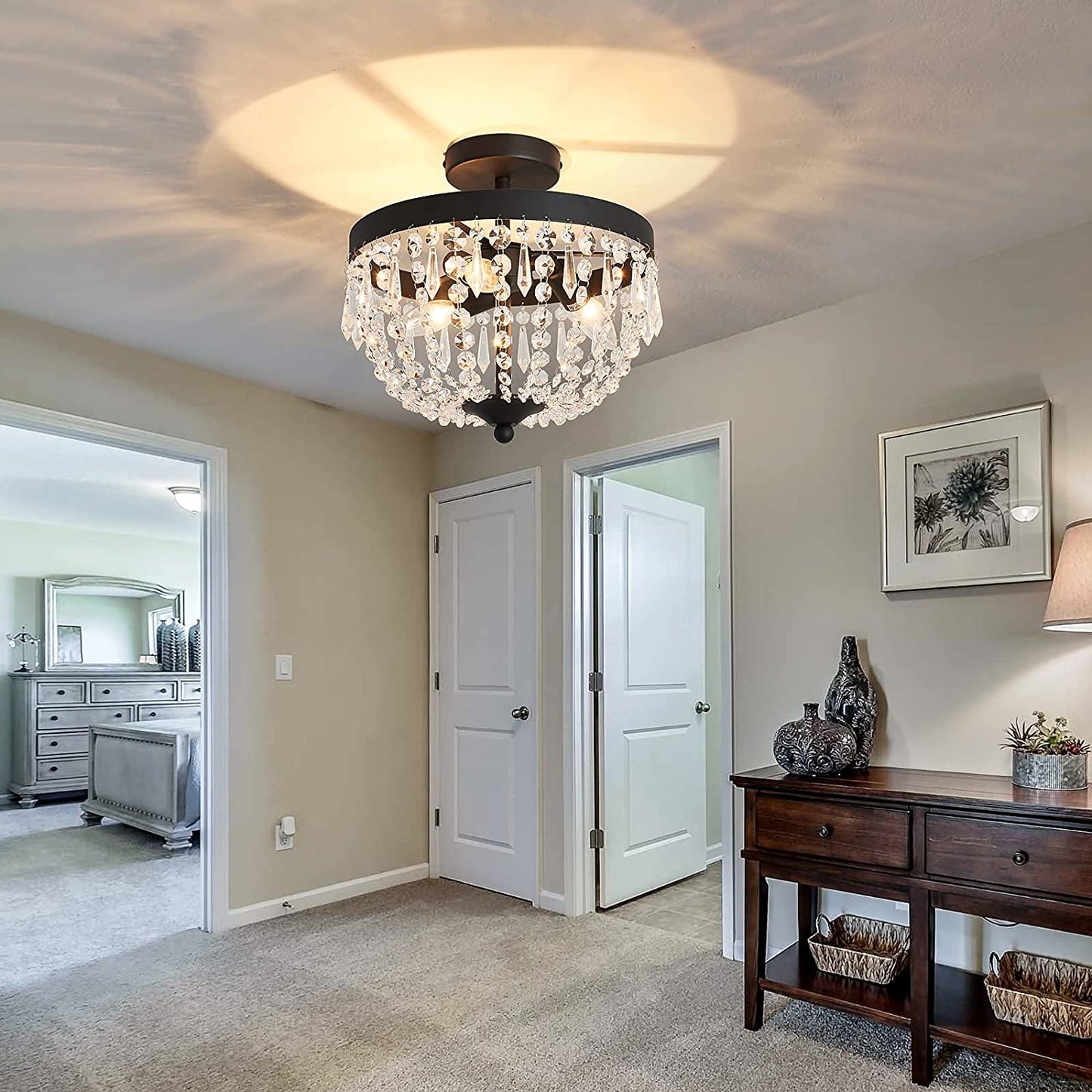 3-Light Semi Flush Mount Ceiling Light，Black Antique Modern Crystal Chandelier Fixture，Ceiling Lighting for Closet Bedroom Hallway Kitchen Dining Room Bathroom