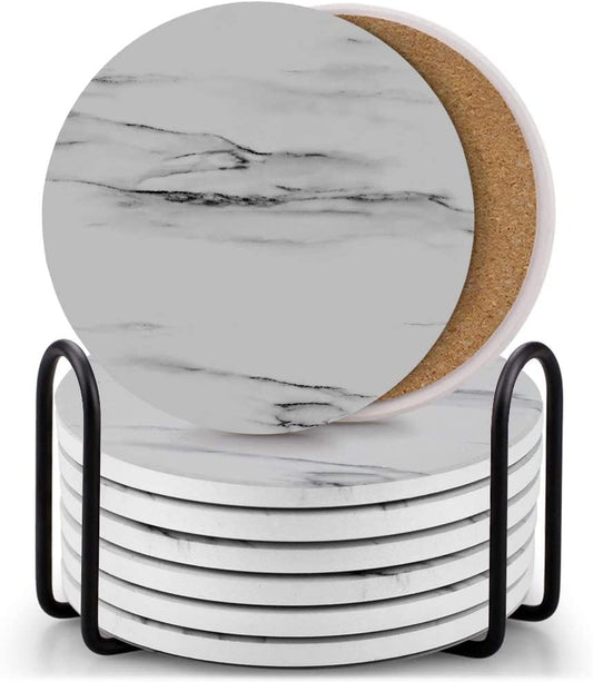 Set of 8 Coasters for Drinks , Absorbent Marble Style Ceramic Drink Coaster with Holder for Coffee Wooden Table Home Decor(Grey)
