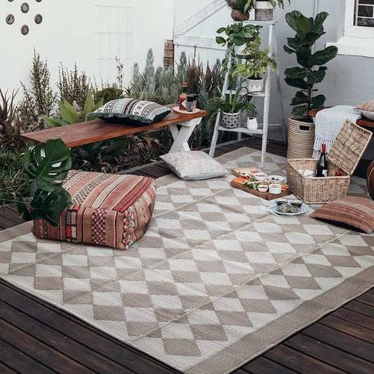 Reversible Rugs Plastic Patio Area Rugs, Lightweight outside Mats for Patio, Straw, RV Camping, Beach and Picnic (5X8Ft Taupe)