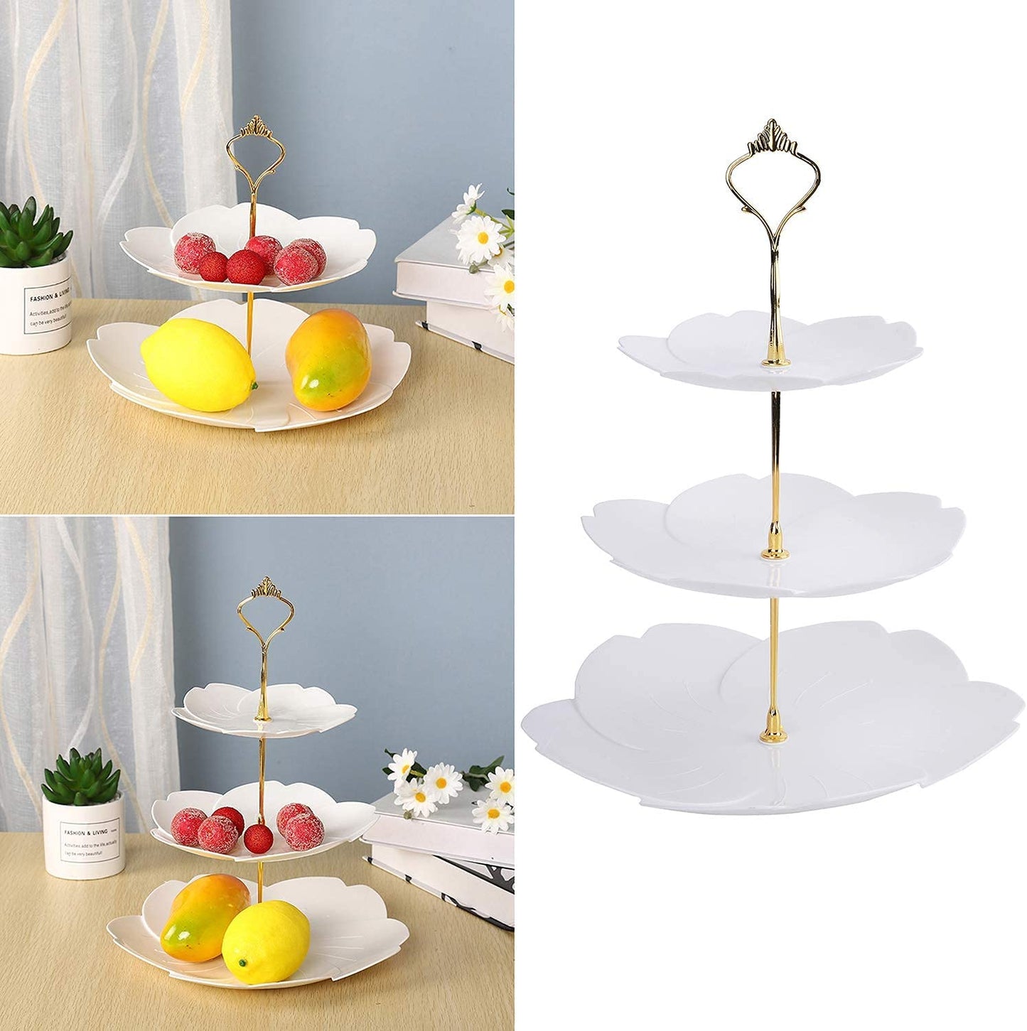 3 Pack 3 Tiers White Plastic Cupcake Stand Dessert Stand Tiered Serving Trays with Gold Rod - Round, Square, Flower