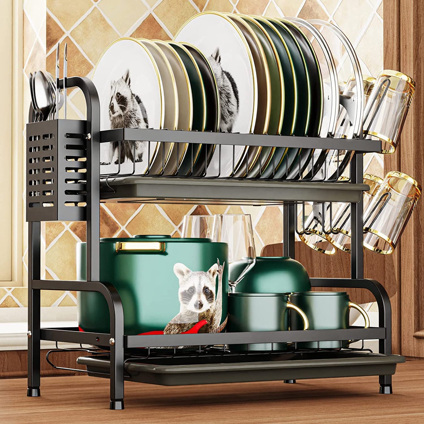 Dish Drying Rack for Kitchen Counter 2 Tier Dish Rack with Cup Holder, Dish Drainer with Drainboard and Utensil Holder Large Capacity for Small Kitchen Countertop Saving Space