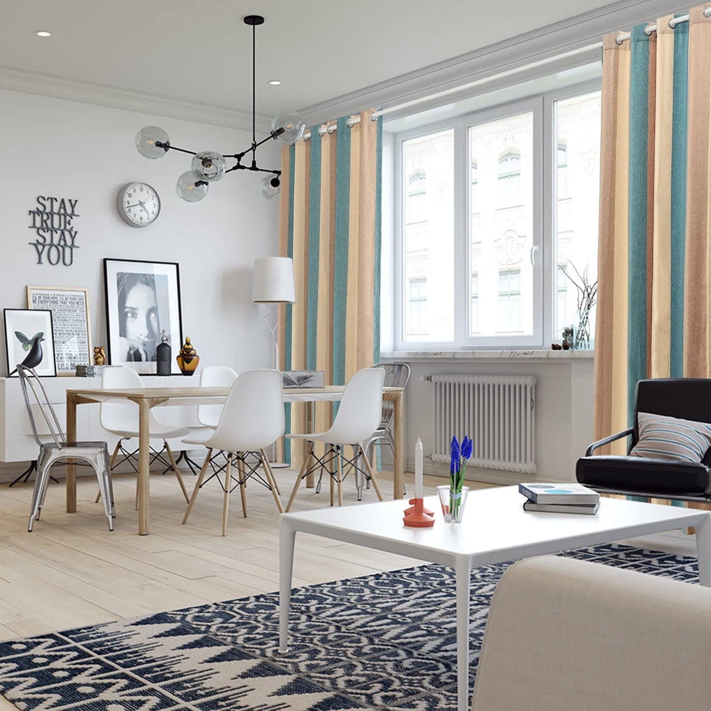 Bedroom Curtains Absolute Heat Insulation Chenille Vertical Striped Color Window Curtains Living Room Buttonhole Curtains Single Panel (W52Xl84, Blue)