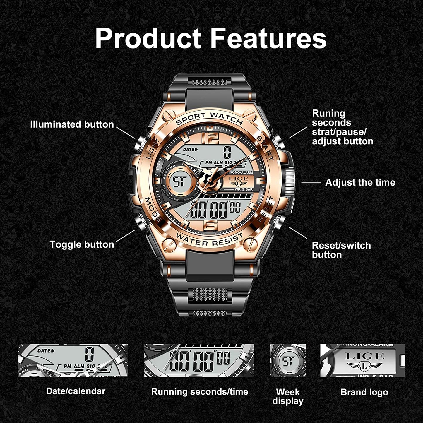 Men'S Digital Outdoor Sports Watch,Military Large Face Dial 50M Waterproof Electronic Multi Function Wrist Watches for Men Tactics LED Alarm Stopwatch