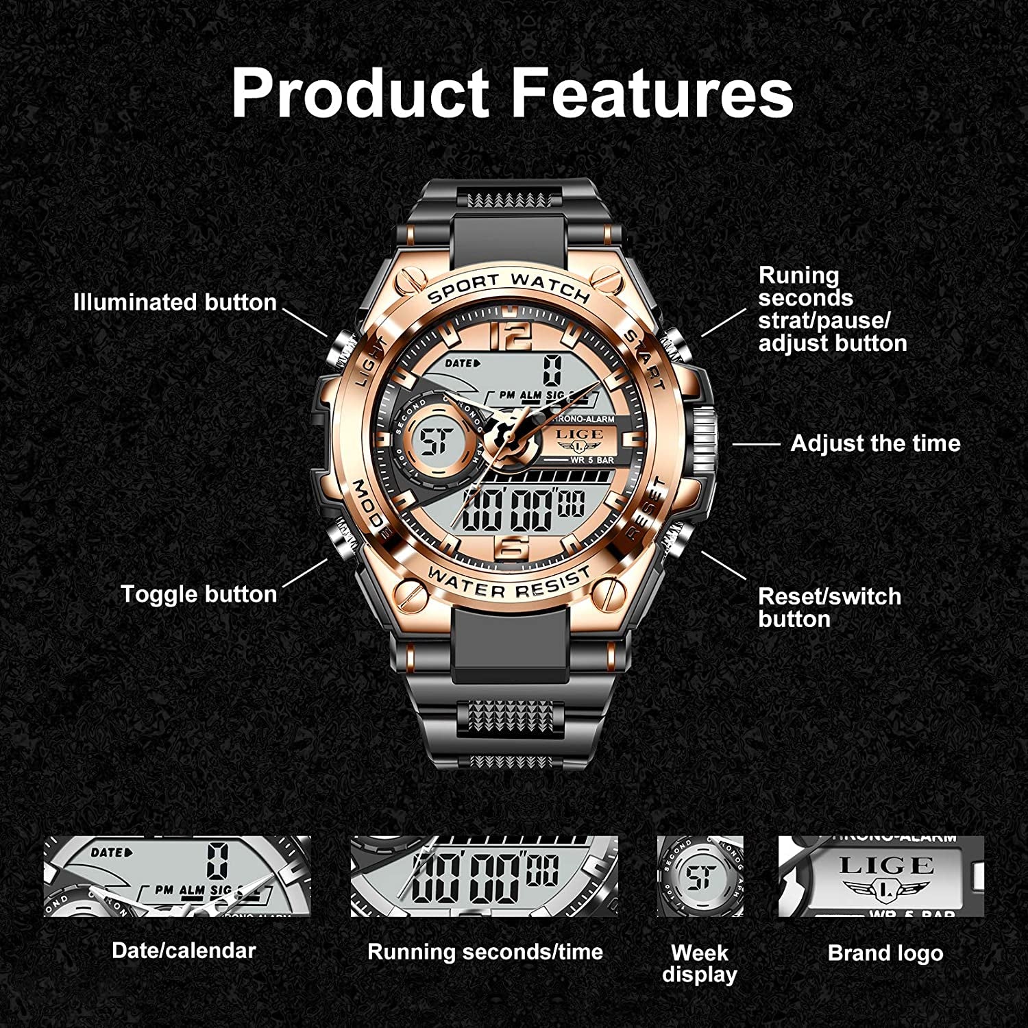 Men'S Digital Outdoor Sports Watch,Military Large Face Dial 50M Waterproof Electronic Multi Function Wrist Watches for Men Tactics LED Alarm Stopwatch